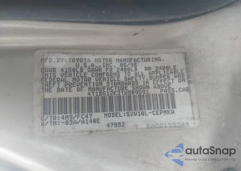 1996 Toyota Camry Dx/Le/Xle from USA, damaged, VIN 4T1BG12K3TU809591